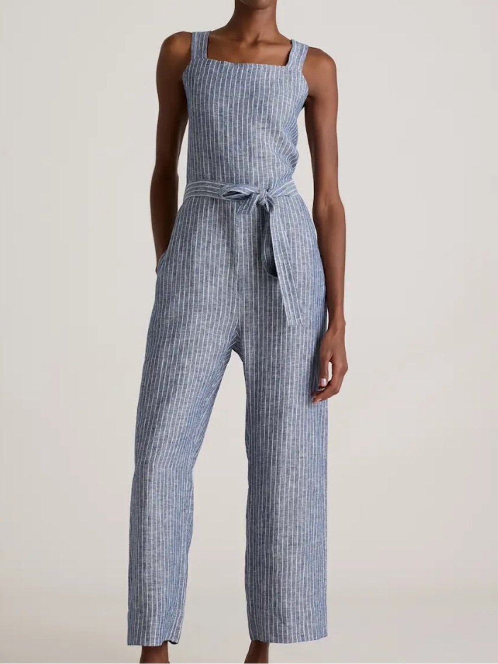 Quince 100% European Linen Square-Neck Jumpsuit, Chambray Stripe, small